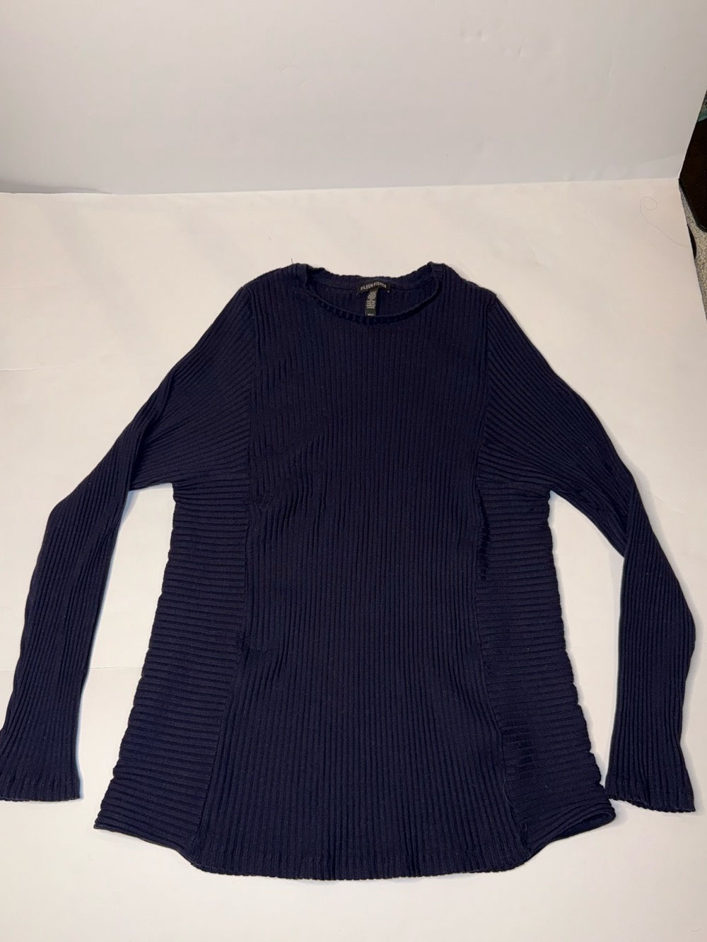 Eileen Fisher Navy Ribbed Crew Neck Sweater tunic Sz S preppy quiet luxury